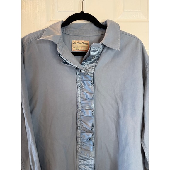 Free People Night Moves Button Down Blue Ruffle Satin Boho Shirt Small - Picture 4 of 8